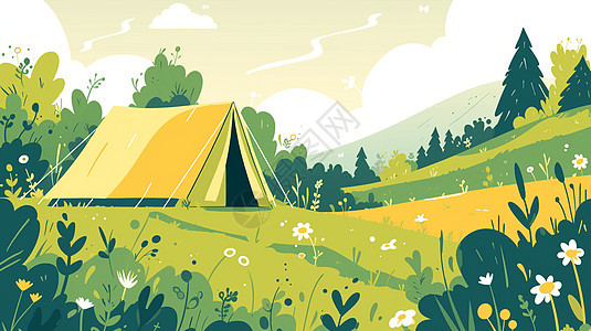 在绿色山坡上的一个卡通露营帐篷图片