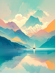 梦幻唯美的卡通山川一艘小船在湖面上安静的航行图片