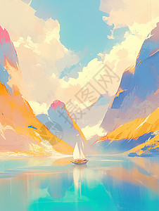 唯美的卡通山川一艘小船在湖面上安静的航行图片