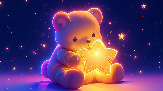 夜晚一只可爱的玩偶小熊抱着星星图片