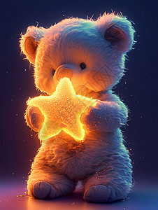 夜晚抱着发光小星星的可爱卡通小熊图片