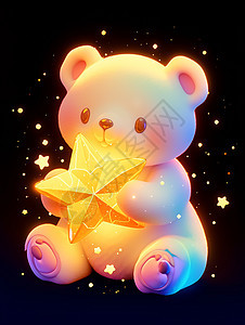 夜晚抱发光小星星的可爱卡通小熊图片