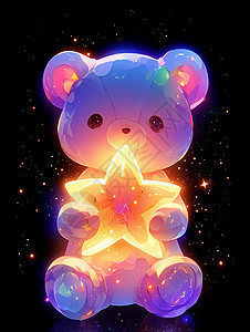 夜晚抱着发光星星的可爱卡通小熊图片