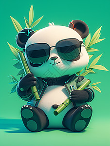 戴着墨镜抱着竹子的卡通大熊猫图片