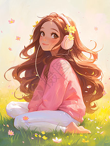 坐在草地上听音乐的长发卡通女孩图片