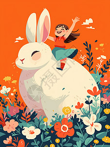 坐在巨大小白兔身上的卡通小女孩图片