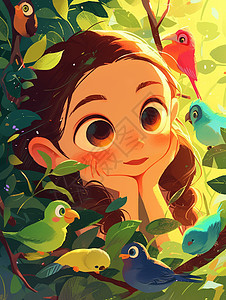 森林中一个可爱的大眼睛卡通女孩与小鸟一起玩耍图片