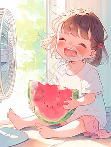 坐在电风扇前开心吃西瓜的小女孩图片