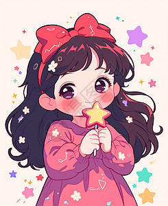 头上戴着粉色蝴蝶结发卡的可爱卡通小女孩手拿着星星棒棒糖图片