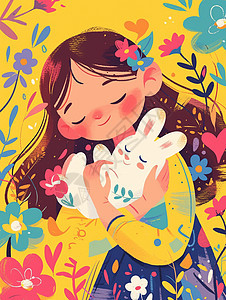 抱着小白兔穿着花裙子的卡通小女孩图片