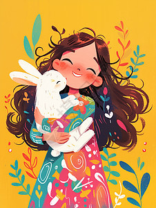 抱着小白兔穿着花裙子的小女孩图片