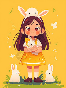 穿着小裙子与宠物在花丛中的可爱卡通小女孩图片