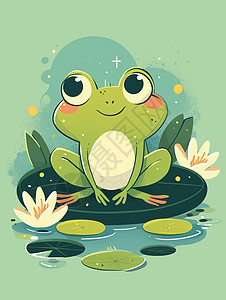 在绿色荷塘中一只可爱的卡通小青蛙图片