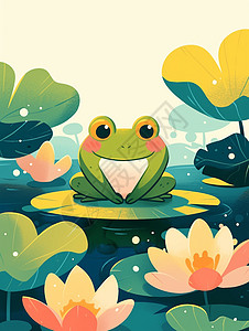 在绿色荷塘中一只可爱的卡通小青蛙图片