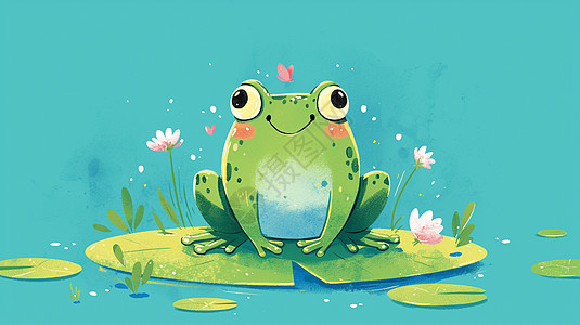 唯美的卡通荷塘中一只卡通小青蛙图片