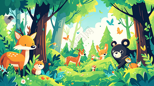 卡通森林中各种可爱的卡通小动物图片