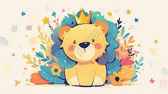 头上戴着小皇冠的卡通狮子趴在花丛中图片