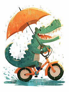 一只绿色可爱的卡通鳄鱼骑着雨伞在雨中图片