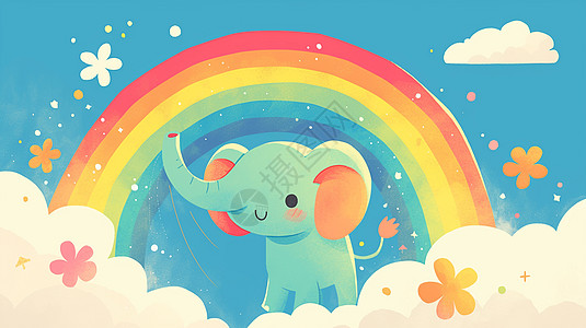 在彩虹下开心玩耍的卡通小象图片