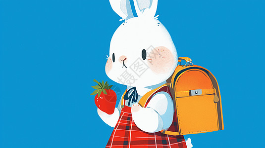 一个背着书包的可爱卡通小白兔与红色草莓图片