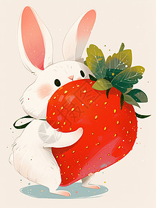长耳朵可爱的卡通小白兔抱着大大的卡通草莓图片