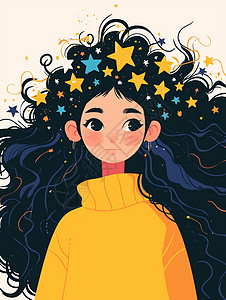 长发可爱的卡通女孩头发上有很多小星星图片