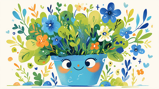 微笑的花盆盛开着蓝色小花的卡通植物图片
