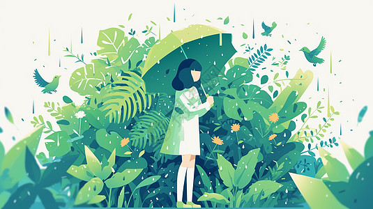 打雨伞在绿色植物中欣赏风景的卡通女孩图片