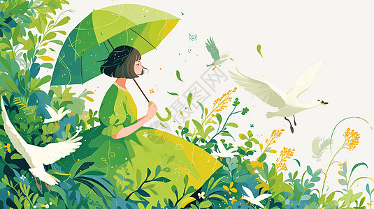 打着雨伞在植物中的卡通女孩图片