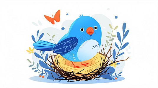在鸟窝中的一只可爱的蓝色卡通小鸟图片