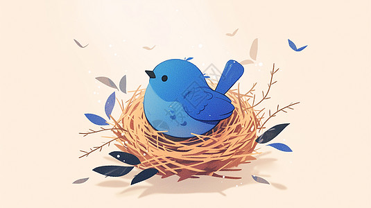 在鸟窝中的一只蓝色卡通小鸟图片