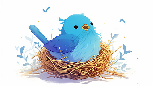 鸟窝中的一只可爱的蓝色卡通小鸟图片
