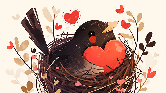 在草窝中的红脸蛋可爱的卡通鸟图片