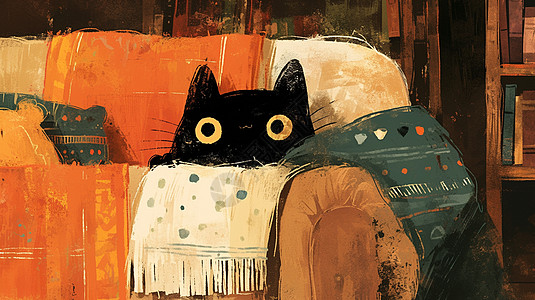 沙发上休息盖着花围巾的卡通小黑猫图片