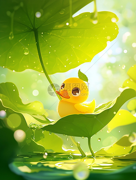 雨中趴在荷叶上躲雨的一只可爱卡通黄鸭图片