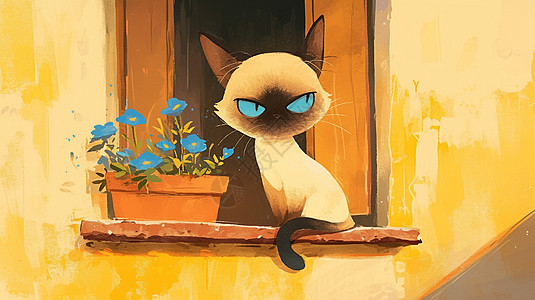 蓝色眼睛可爱的卡通小猫在窗台上的花盆旁图片