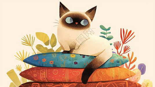 趴在花枕头上的可爱卡通长尾巴小猫图片