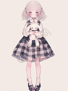 格子裙怀抱小兔子玩偶的白色头发时尚卡通女孩图片