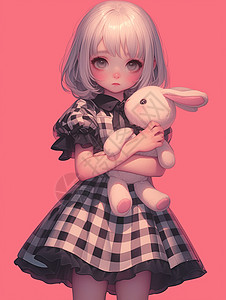 怀抱小兔子玩偶的白色头发时尚卡通女孩图片