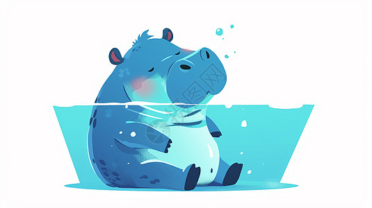 在水中泡澡的可爱卡通小河马图片