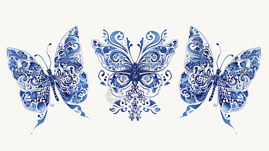 蓝色调美丽的复古风卡通蝴蝶图案图片