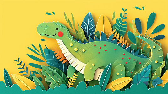 在绿色植物丛中的可爱卡通小恐龙图片