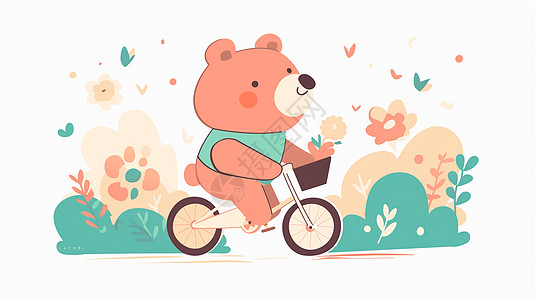 在森林中骑自行车的卡通小熊图片