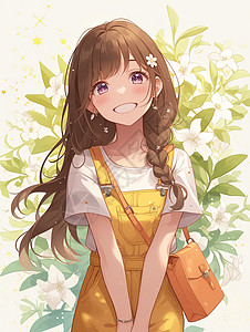 花丛中背着橙色包的可爱卡通小女孩图片