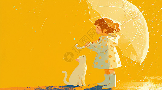 打着透明雨伞的小姑娘在与白色小猫玩耍图片