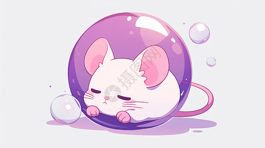 紫色泡泡中睡觉的可爱卡通小白鼠图片