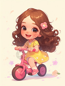 穿着黄色连衣裙卷发可爱的卡通小女孩在骑儿童车图片
