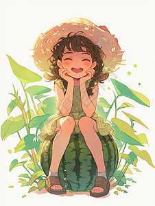 夏天戴草帽坐在西瓜上的可爱卡通小女孩图片