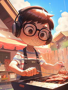 边听音乐边忙着烤肉的卡通小男孩图片