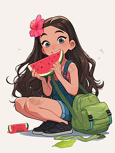 头上戴着小红花开心笑吃西瓜的长发卡通女孩图片